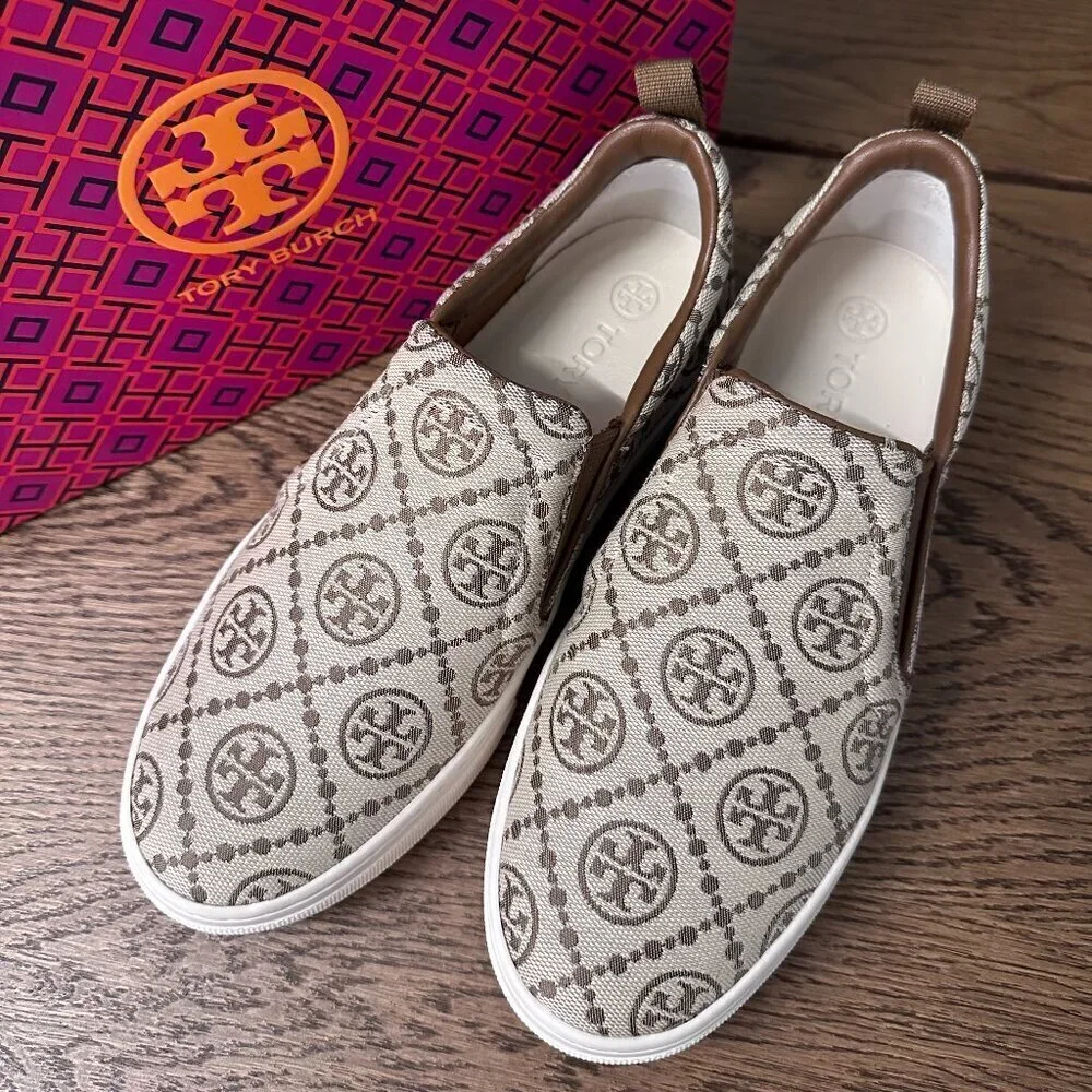 NWT！NEW！Tory Burch T Monogram Slip On Sneaker Leather /Jacquard Hazel Brown US 6
